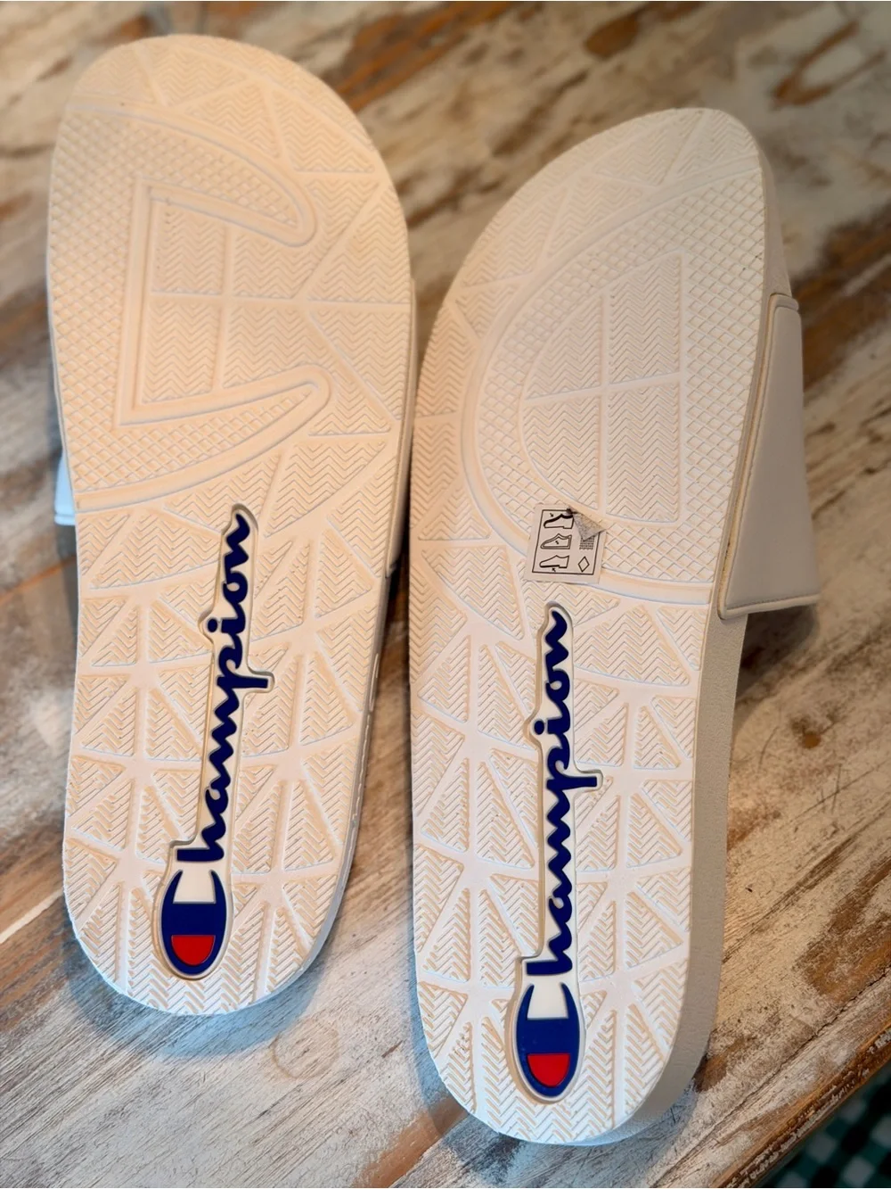 Champion White Slide Sandals with Blue and Red Logo